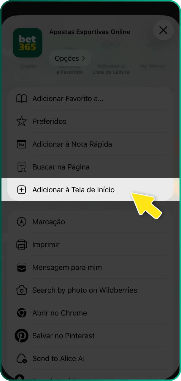 Use o menu de compartilhamento para adicionar o app à tela inicial da Bet365 no iOS.