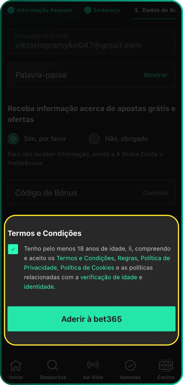 Verifique seu e-mail ou SMS para valide e confirme sua conta na Bet365 Brasil.