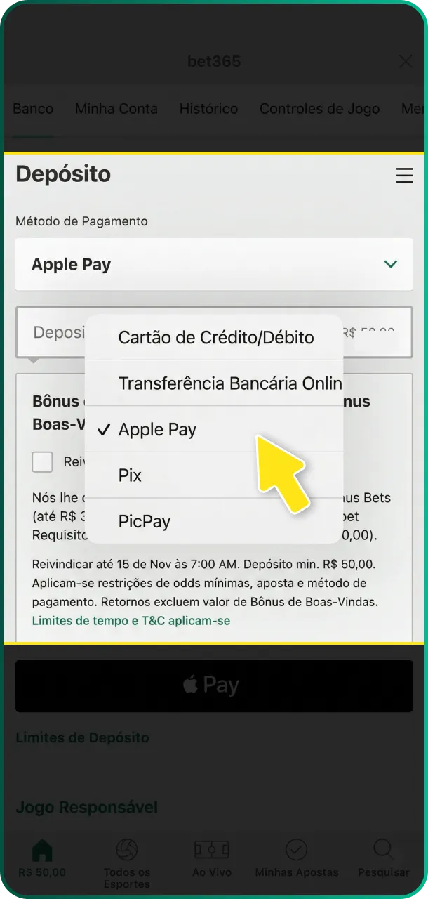Escolha seu método de pagamento preferido e faça um depósito para jogar na Bet365.