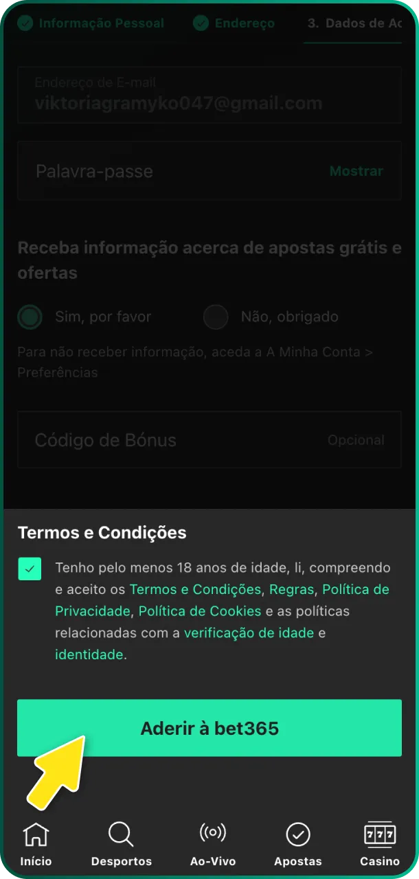 Aceite os termos de uso e conclua o cadastro para começar a jogar na Bet365.