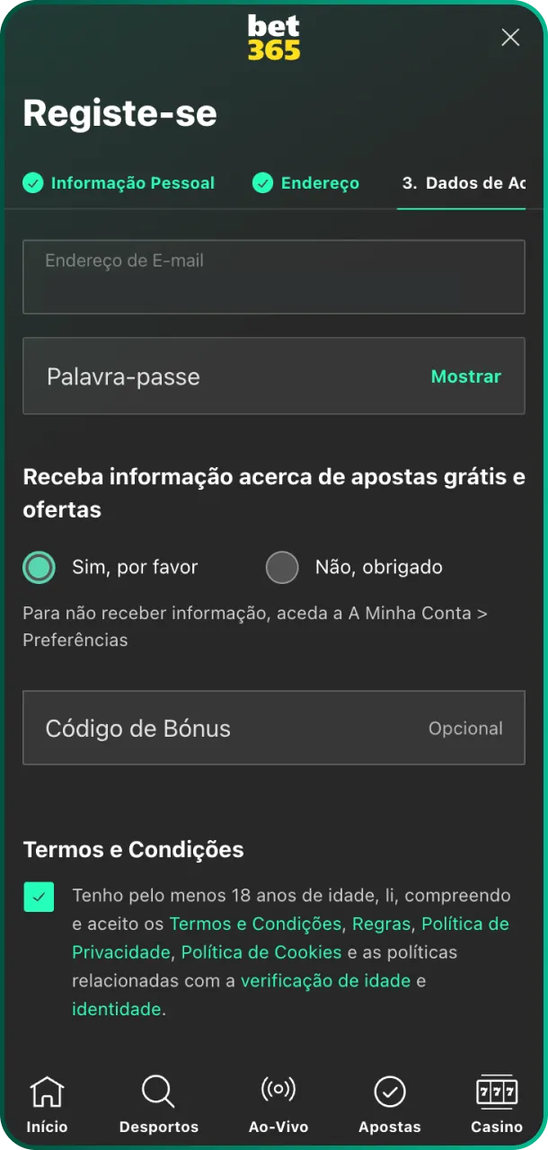 Escolha um nome de usuário único e defina suas credenciais de login na Bet365.