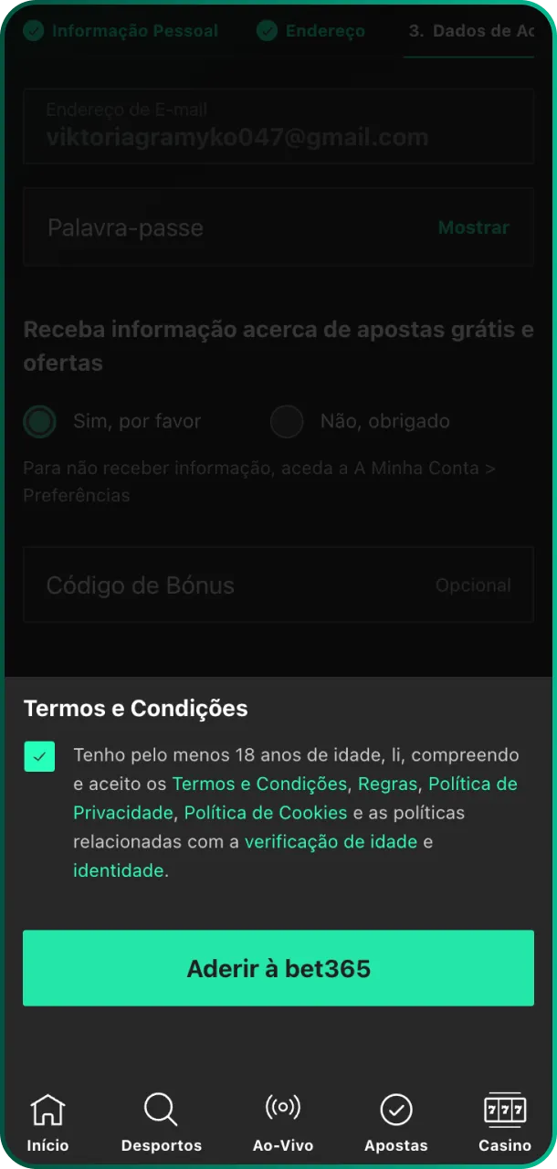 Valide sua conta e aceite os termos para concluir registro na Bet365 com sucesso.