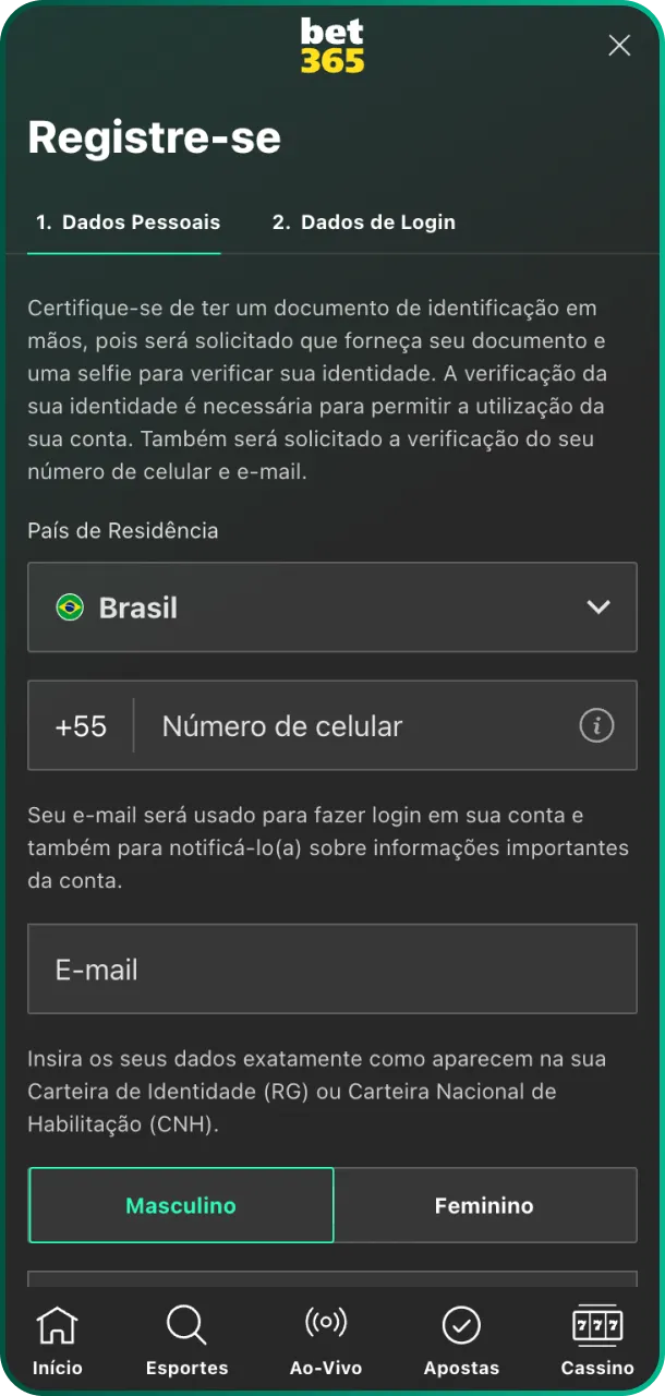 Use informações reais e atualizadas para preencher os dados necessários na Bet365.