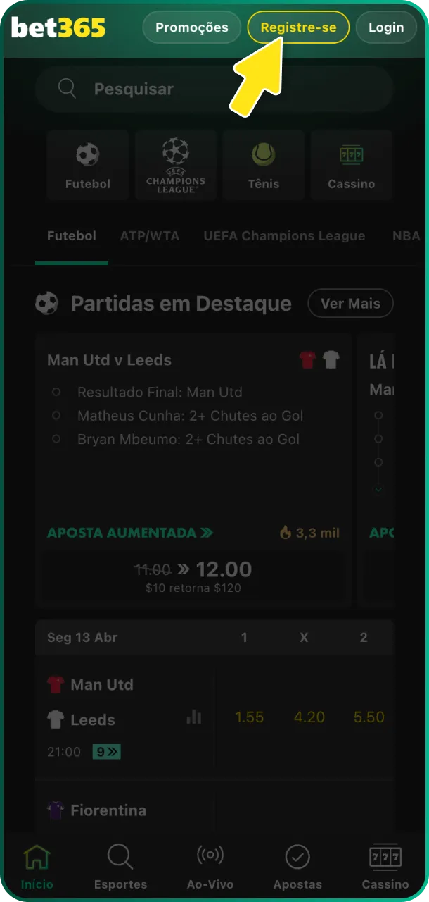 Clique no botão destacado no site oficial para iniciar registro na Bet365 hoje.