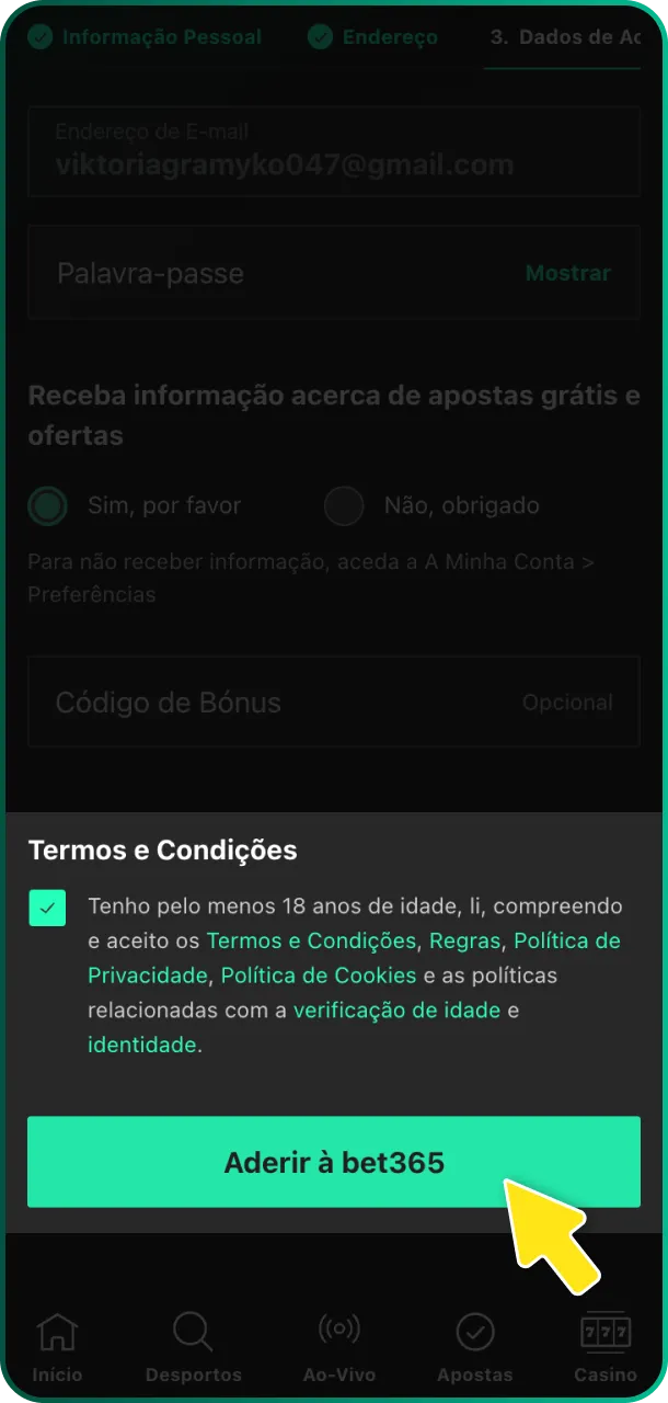 Finalize o processo, valide sua conta e clique para Concluir Registro na Bet365 Brasil.