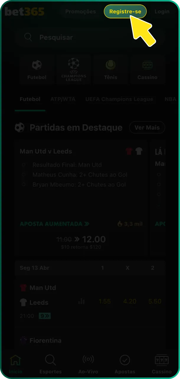 Acesse o site oficial e clique no botão para Iniciar Registro na Bet365 agora mesmo.