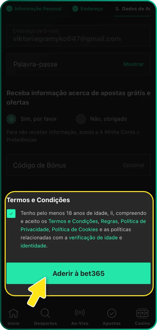 Verifique as informações, confirme e finalize sua conta para jogar na Bet365.