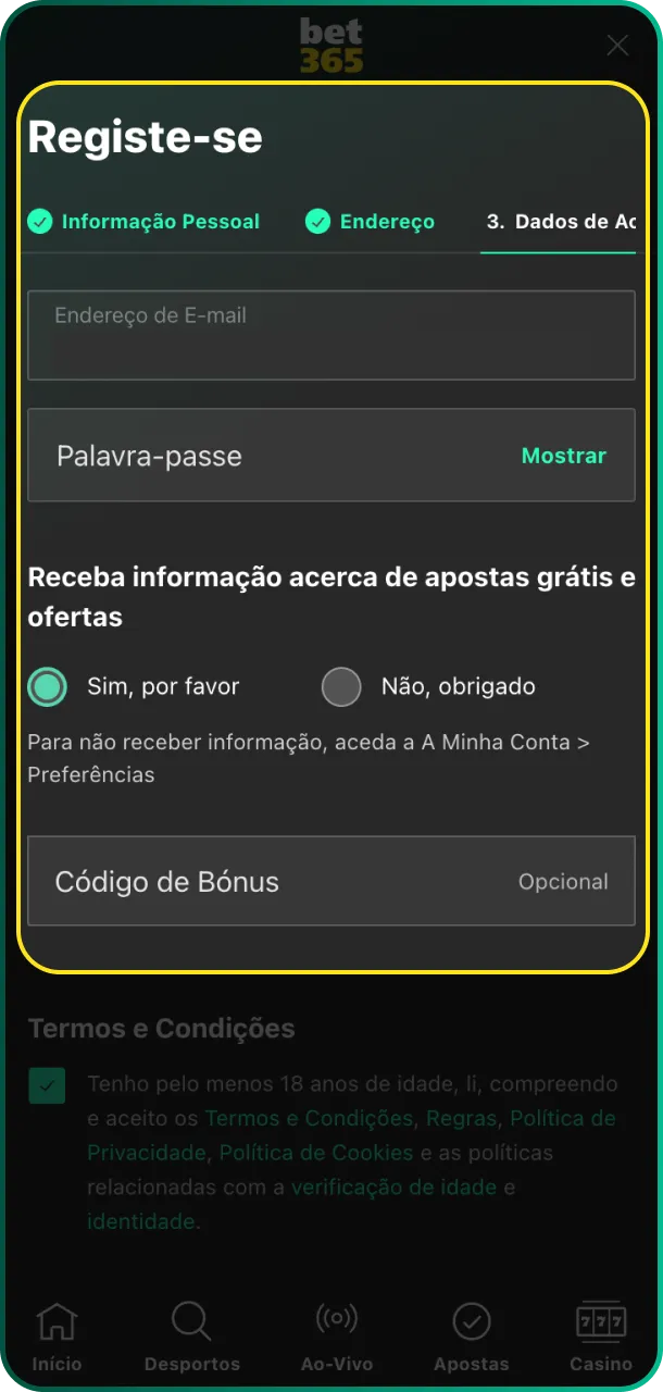 Siga as instruções da plataforma e insira seus dados pessoais na Bet365.