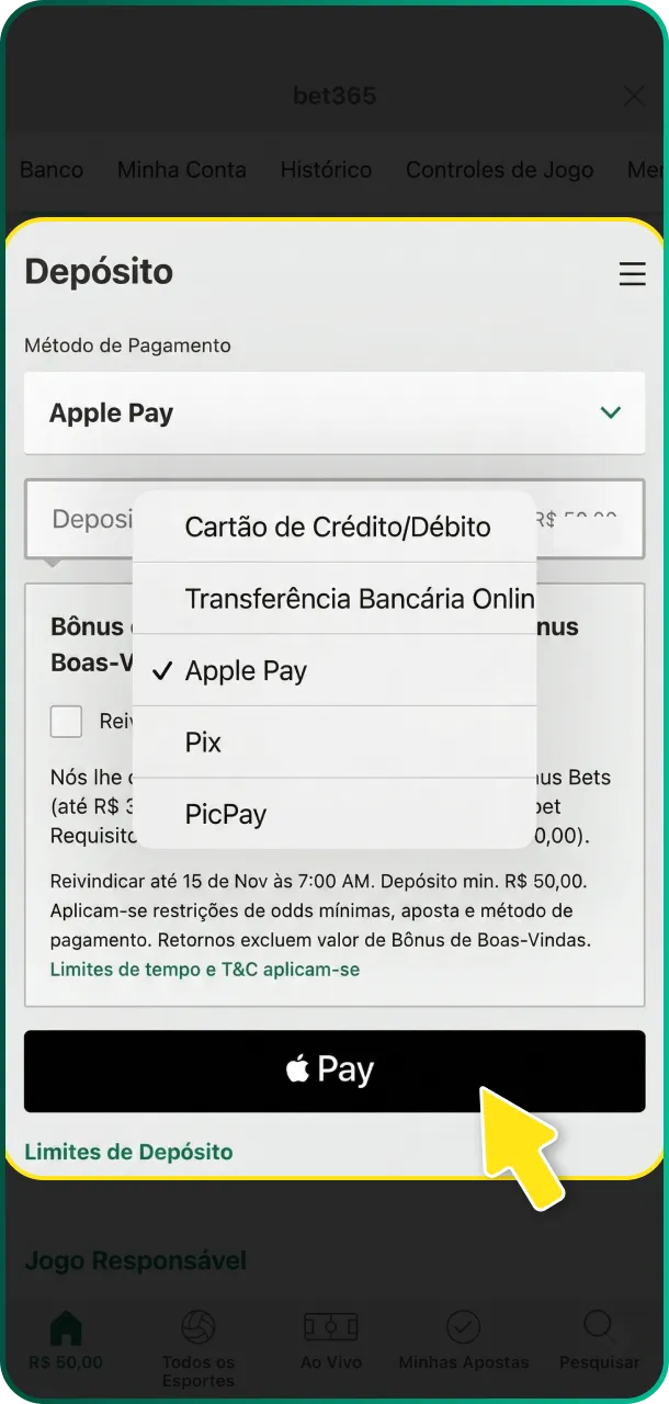 Escolha o seu método de pagamento favorito e faça um depósito na Bet365 Brasil.