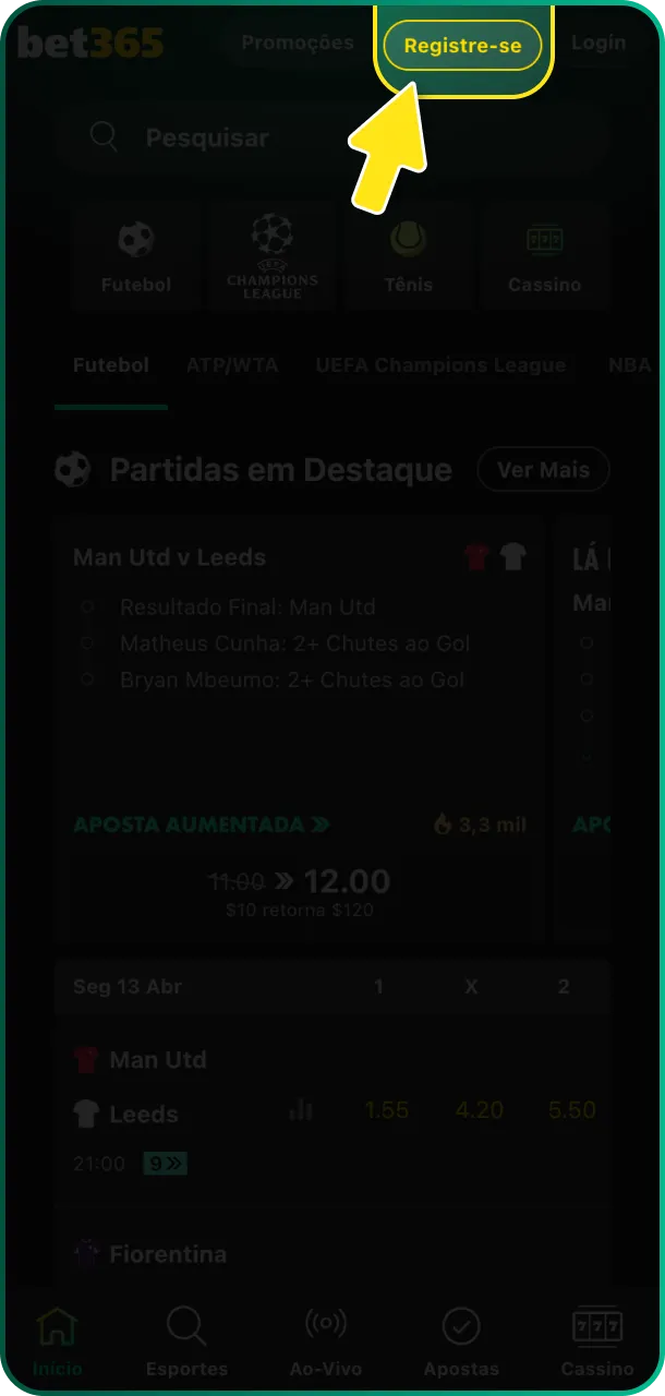 Clique no botão de registro e abra o formulário de cadastro oficial da Bet365.